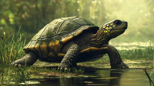 Photorealistic turtle crossing a sunlit wetland in profile view