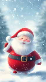 Cartoon Santa Claus stands smiling in soft falling snow