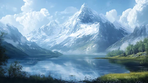 Snowcapped alpine peak dominates tranquil reflective mountain lake