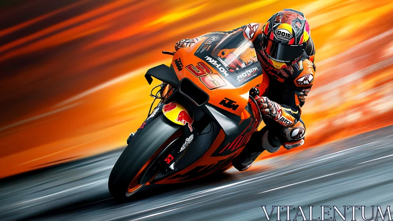 Blazing orange superbike carving through a sunlit racetrack.
