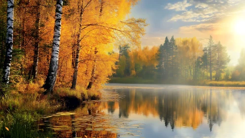 Golden autumn birch grove mirrored on tranquil lakeside.