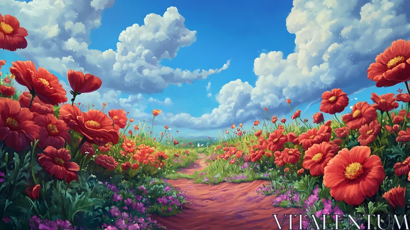 Crimson poppies lean into a sky piled high with roaming clouds