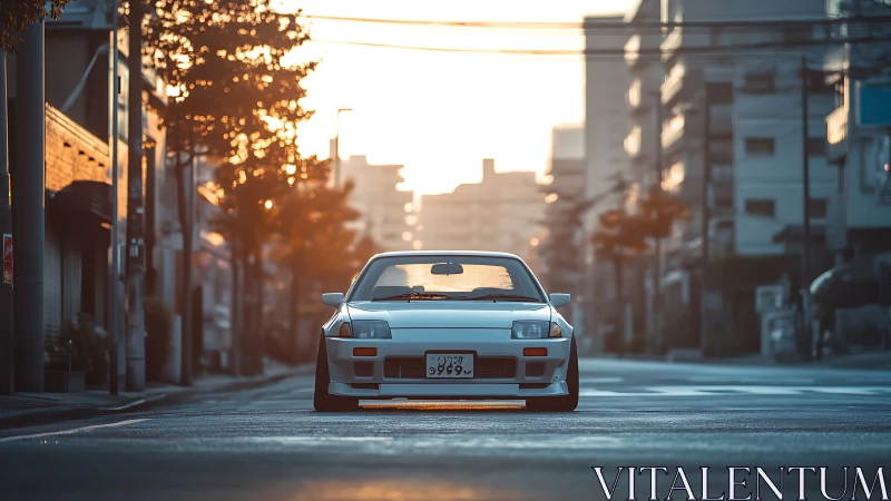 Low-slung white sports coupe on empty urban street at sunrise