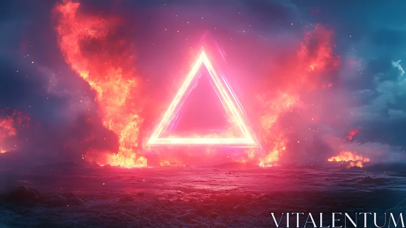 Neon Triangle Portal Glows in Fiery Cosmic Landscape