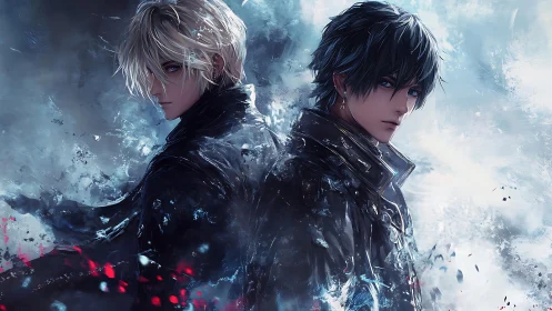 Dual male anime portraits in mirrored, high-contrast composition