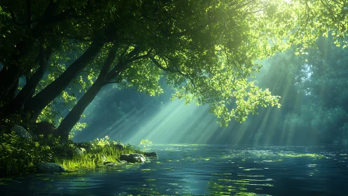 Sunlit forest river shimmers beneath soft morning rays