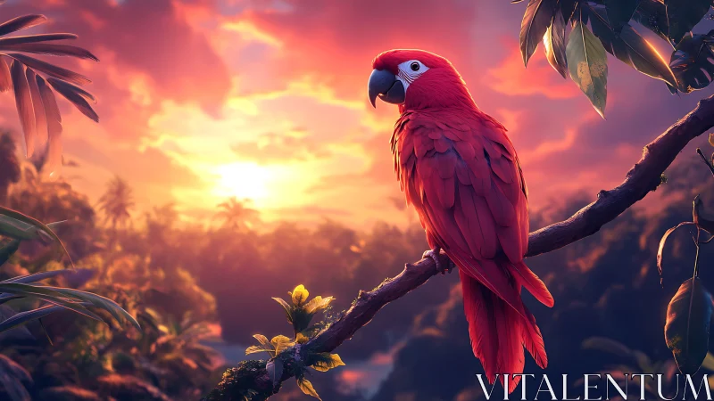 Scarlet macaw on branch against vivid jungle sunset.