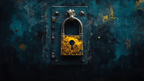 Corroded brass padlock on distressed steel door surface.