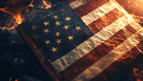 Aged American Flag Fabric Burning with Dramatic Backlighting and Fire