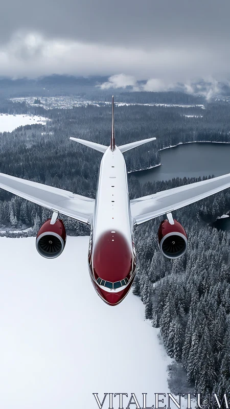 Passenger jet soars above winter forest and frozen lake