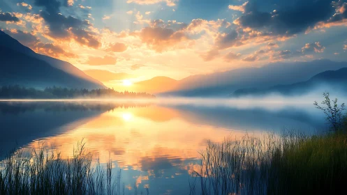 Mountain lake sunrise with reflected clouds and mist layers.