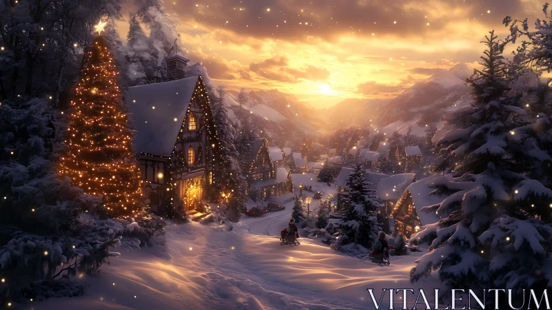 Snowy alpine village glows under golden Christmas sunset.