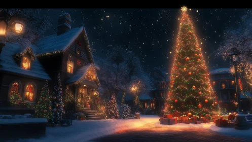 Starlit village gathers around a towering storybook tree