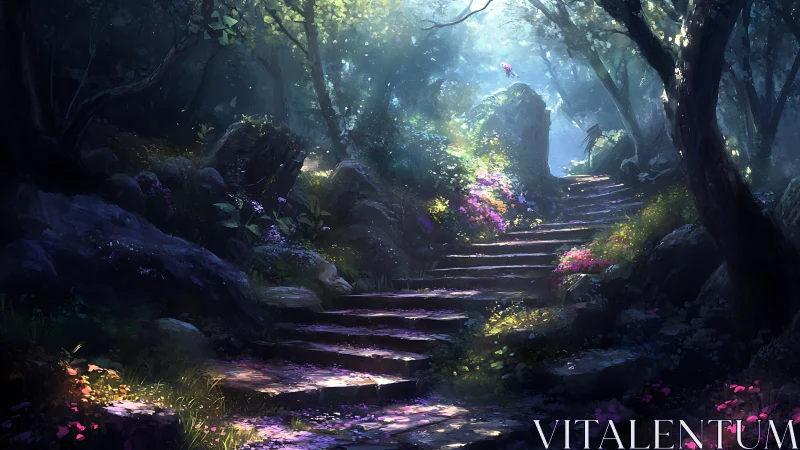 Mystical Forest Path with Bioluminescent Flora