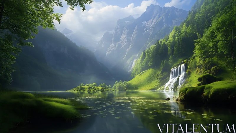 Mountain lake landscape shows waterfall, forest, and sunlight