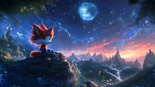 Anthropomorphic fox silhouette overlooking bioluminescent valley