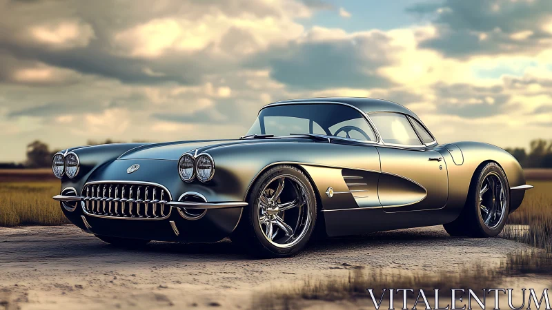 Classic silver sports coupe under dramatic evening sky.