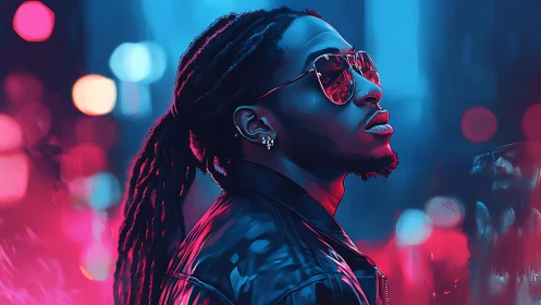 Neon-lit urban portrait renders reflective subject in profile view