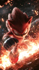 Hyper-real red speedster sprinting through molten sparks field