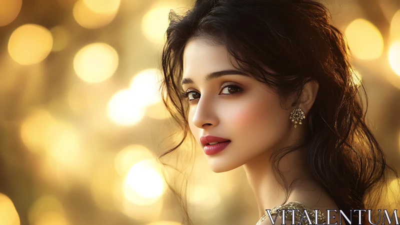 Golden bokeh portrait with soft-focus cinematic lighting.