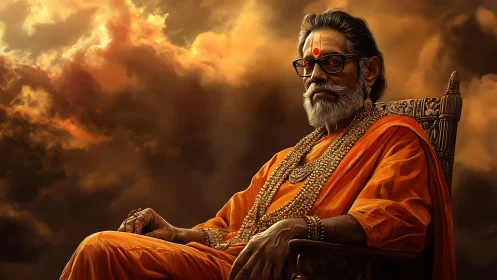 Elderly spiritual man sits in orange robes with stormy sky