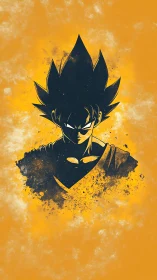 Saiyan silhouette explodes through bold golden splatter field.
