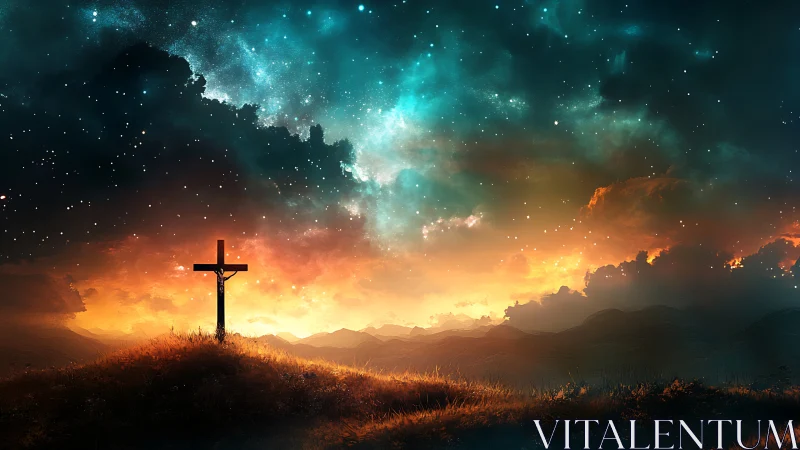 Lone wooden cross rises beneath a radiant cosmic sky.