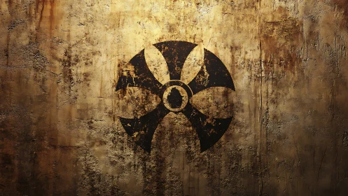 Grunge radiation emblem on distressed rusted concrete wall.