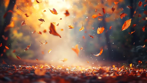 Glowing autumn leaves dance gently through a sunlit forest