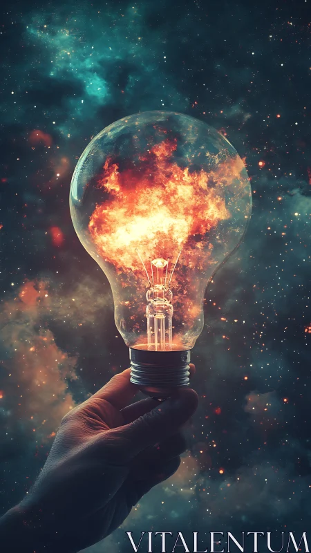Hand holding cosmic light bulb filled with fiery nebula.