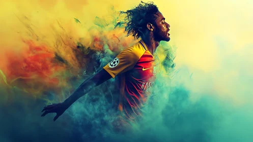 Dynamic footballer emerging through chromatic vapor fields.