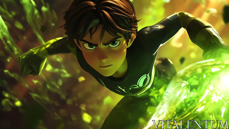 Animated youth in green suit generating energy field.