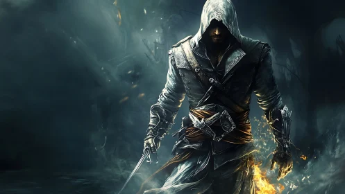 Hooded rogue warrior walking through dark burning mist.