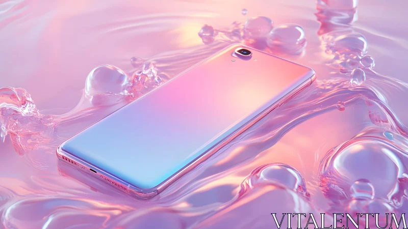 Sleek pastel smartphone on glossy liquid surface, dreamy lighting.