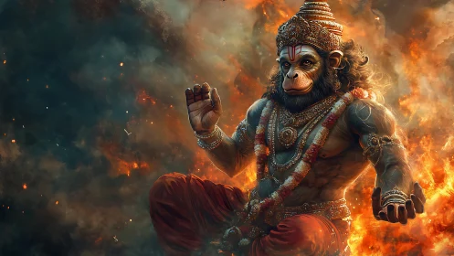 Flaming skies cradle a serene monkey warrior in prayer