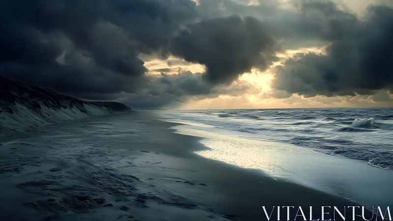 Stormy shoreline glows gently under a moody evening sky