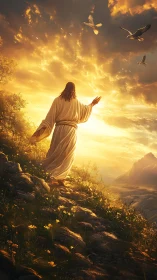 Sunlit robed wanderer greeting doves on a golden hillside.