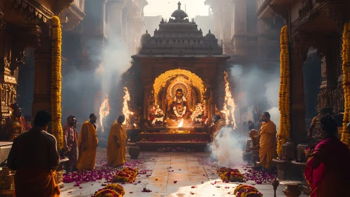 Temple interior with central deity shrine and priests gathered.
