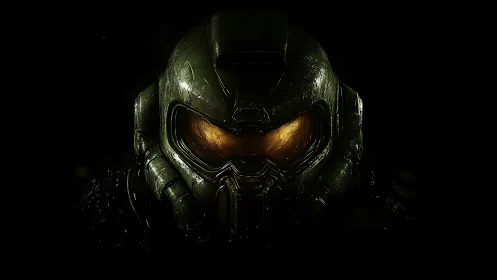 Armored sci fi helmet glows with intense golden visor light