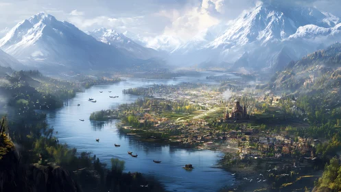 River valley city extends between snow-covered mountain ranges