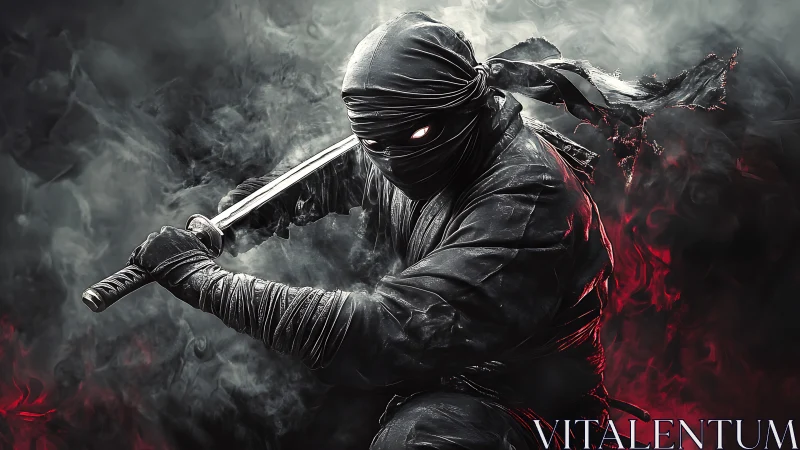 Digital ninja assassin poised in smoky, high-contrast combat stance