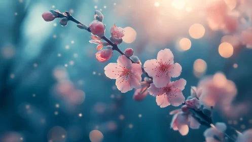 Pink Blossoms Against Turquoise Light.