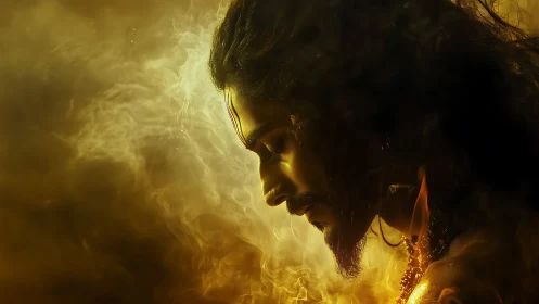 Side-lit meditative profile in golden volumetric smoke field