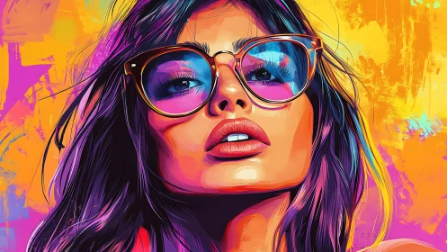 Neon portrait shows woman in oversized sunglasses, vivid color