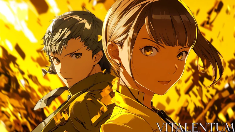 Two stylized figures against dynamic yellow abstract background.