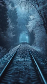 Winter railway path leading into a soft blue forest hush.