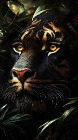 Majestic tiger gazes through shadowed jungle foliage at dusk