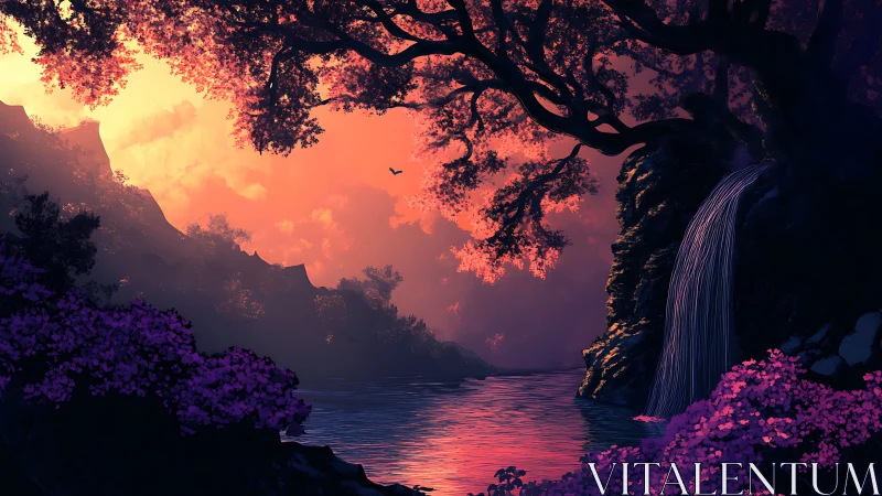Twilight waterfall refuge under glowing cotton candy skies.