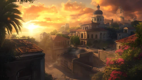 Sunlit hillside town with domed church under glowing sky