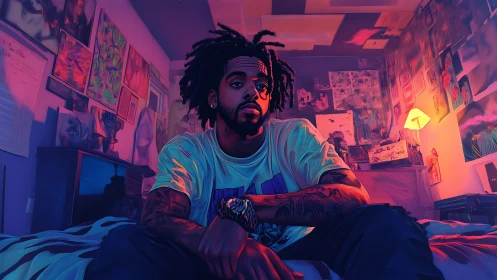 Moody bedroom portrait in neon magenta and cyan lighting.